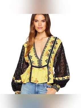Free People Yellow Floral V-Neck Blouse with Black Lace Sleeves